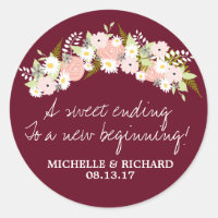 Floral Wreath Pink and Burgundy Wedding Classic Round Sticker