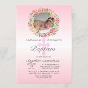 Floral Wreath Pink BAPTISM GIRL PHOTO Invitation