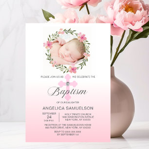 Floral Wreath Pink BAPTISM GIRL PHOTO Invitation