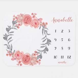 Floral Wreath Pink Blush Rose Baby Milestone Photo Blanket