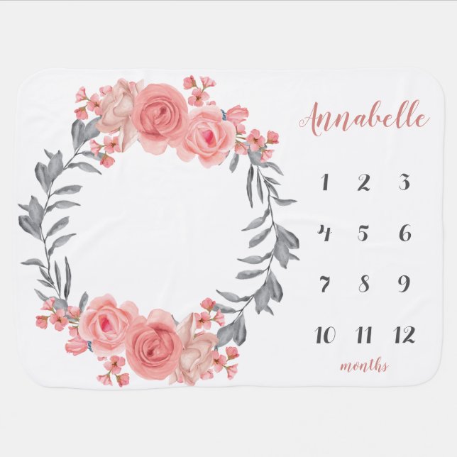 Floral Wreath Pink Blush Rose Baby Milestone Photo Blanket (Horizontal)