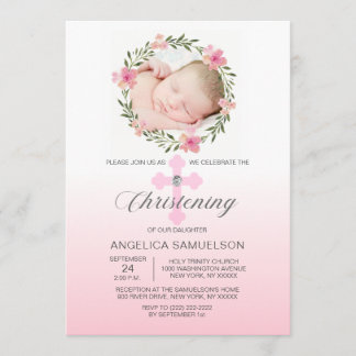Floral Wreath Pink CHRISTENING GIRL | PHOTO Invitation