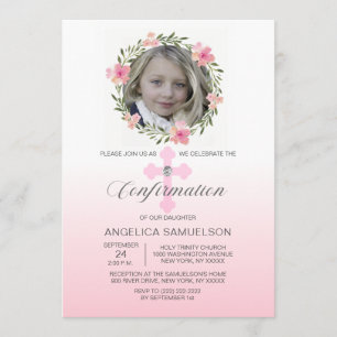 Floral Wreath Pink Confirmation GIRL PHOTO Invitation