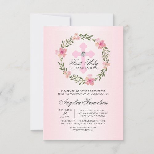 Floral Wreath Pink First Holy Communion GIRL Invitation