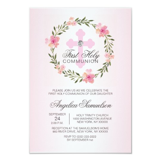 Floral Wreath Pink First Holy Communion GIRL Invitation | Zazzle.com