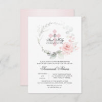 Floral Wreath Pink First Holy Communion GIRL Invitation