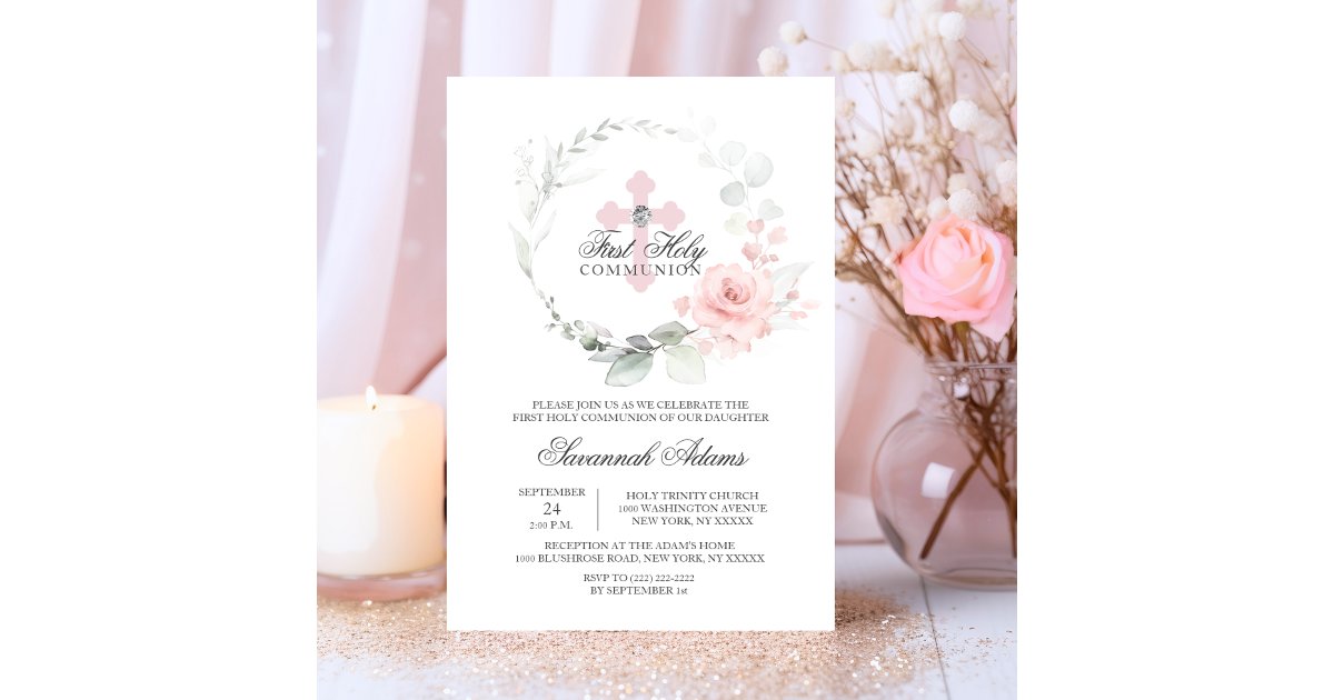 Floral Wreath Pink First Holy Communion GIRL Invitation | Zazzle