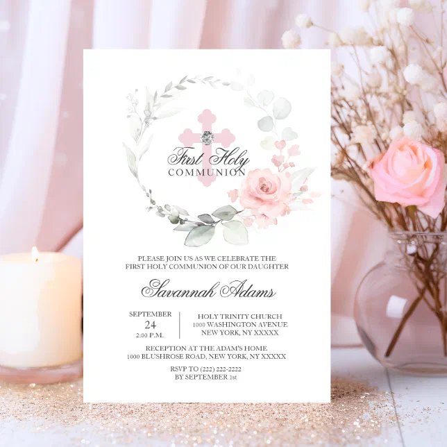 Floral Wreath Pink First Holy Communion GIRL Invitation | Zazzle