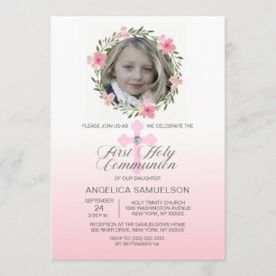 Floral Wreath Pink First Holy Communion GIRL Invitation