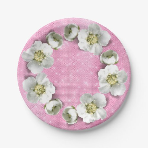 Floral Wreath Pink Rose Sparkly Metallic Glam Paper Plates