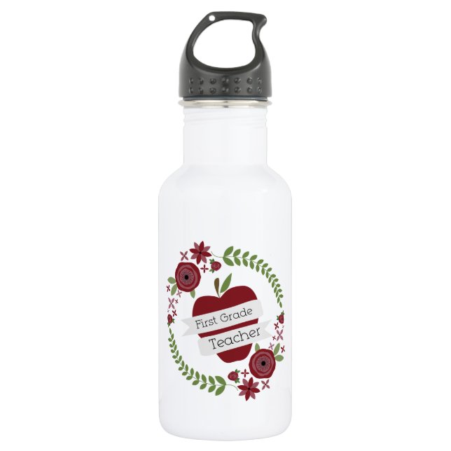Floral Wreath Red Apple First Grade Teacher Stainless Steel Water Bottle (Front)