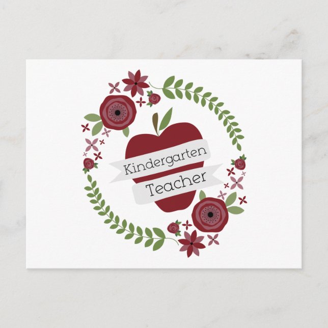 Floral Wreath Red Apple Kindergarten Teacher Postcard (Front)