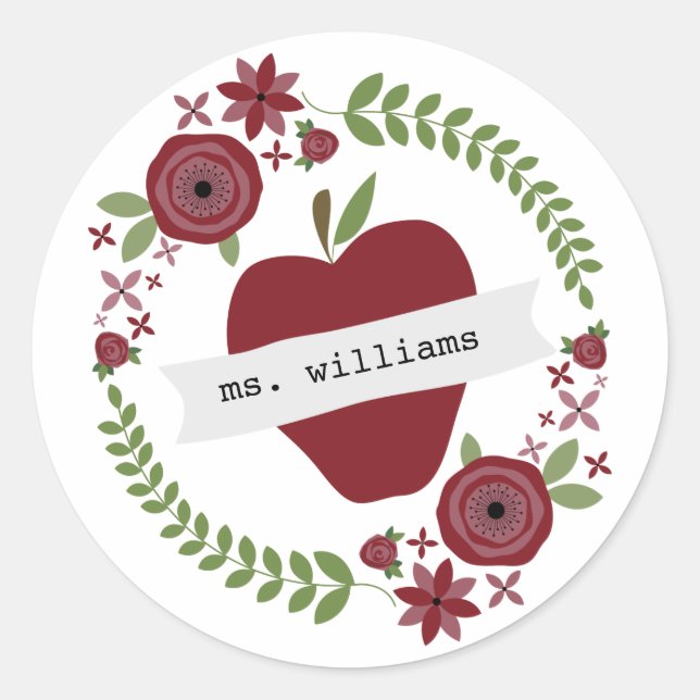 Floral Wreath Red Apple Personalized Teacher Classic Round Sticker (Front)