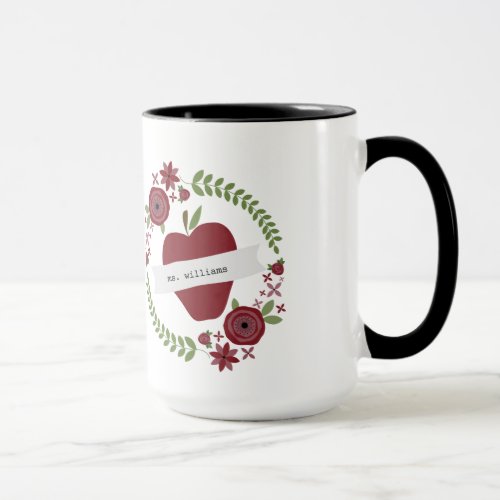 Floral Wreath Red Apple Personalized Teacher Mug