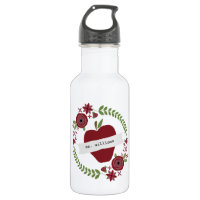 Floral Wreath Red Apple Personalized Teacher Stainless Steel Water Bottle