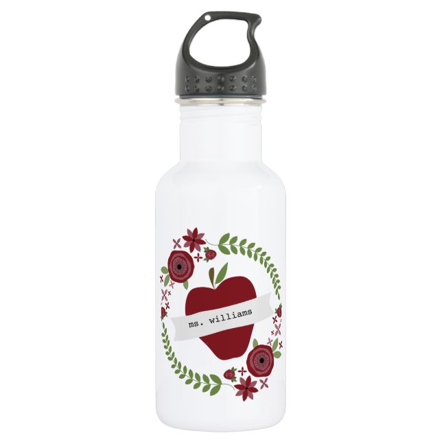 Floral Wreath Red Apple Personalized Teacher Stainless Steel Water Bottle (Front)