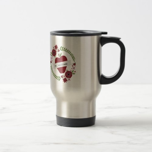 Floral Wreath Red Apple Personalized Teacher Travel Mug