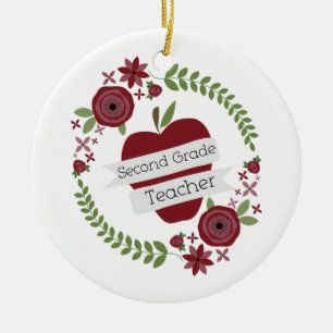 Floral Wreath Red Apple Second Grade Teacher Ceramic Ornament