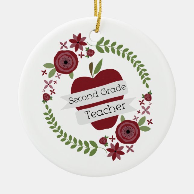 Floral Wreath Red Apple Second Grade Teacher Ceramic Ornament (Front)