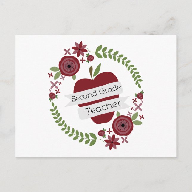 Floral Wreath Red Apple Second Grade Teacher Postcard (Front)
