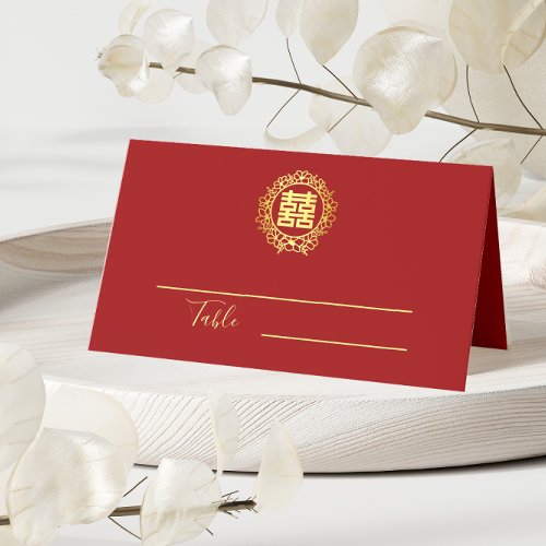 Floral wreath red double happiness Chinese wedding Place Card