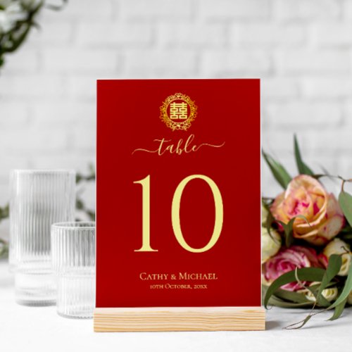 Floral wreath red double happiness Chinese wedding Table Number