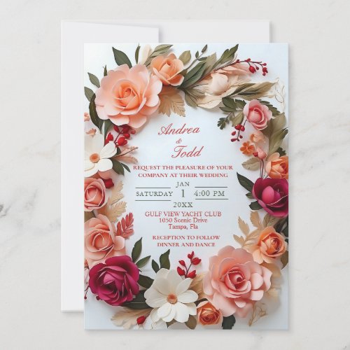 Floral wreath roses daisies wedding invitation