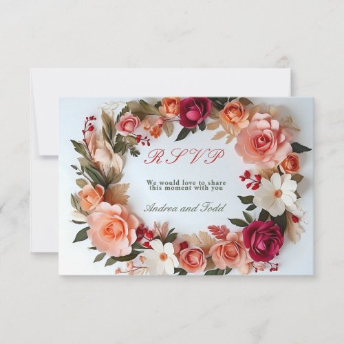 Floral wreath roses daisies wedding RSVP card