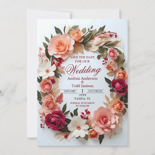 Floral wreath roses daisies wedding save the date