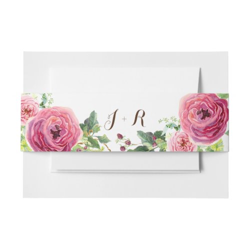 Floral Wreath Roses Peony Raspberry Watercolor Art Invitation Belly Band