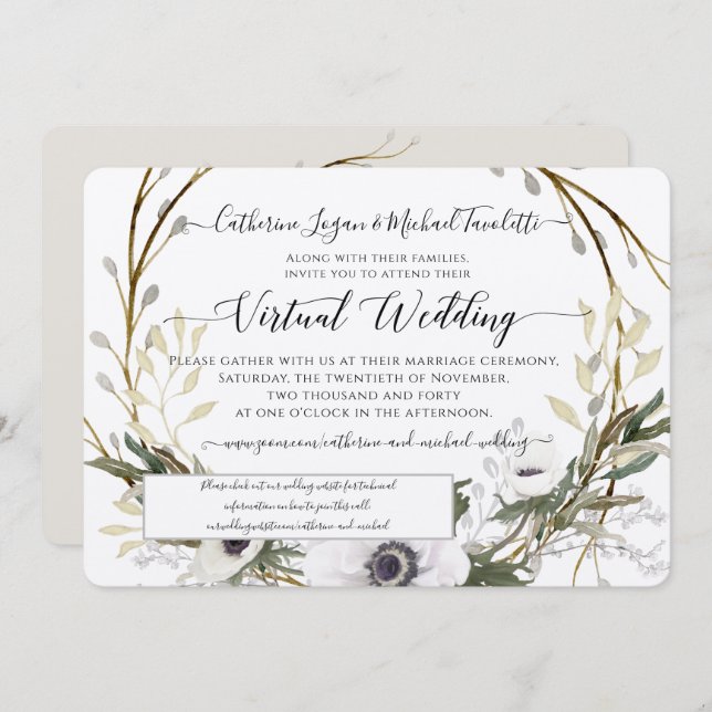 Floral Wreath Rustic Gray White Virtual Wedding Invitation (Front/Back)