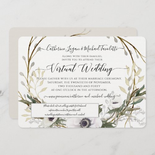 Floral Wreath Rustic Gray White Virtual Wedding Invitation