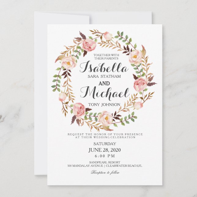 Floral Wreath Rustic Wedding Invitation (Front)