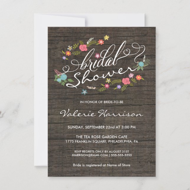 Floral Wreath Rustic Wood Bridal Shower Invites (Front)