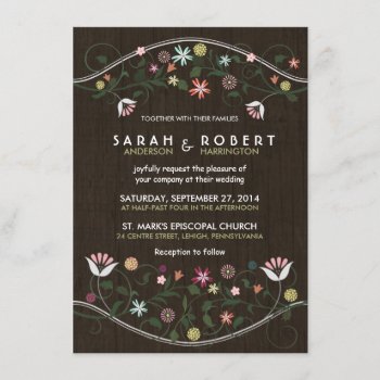 Floral Wreath Rustic Wood Wedding Invitation by weddingtrendy at Zazzle