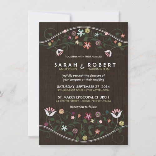 Floral Wreath Rustic Wood Wedding Invitation