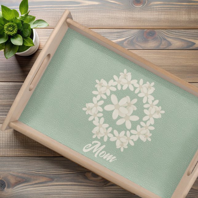 Floral Wreath Sage Green Faux Leather Serving Tray (A pretty floral wreath serving tray with space for your name)