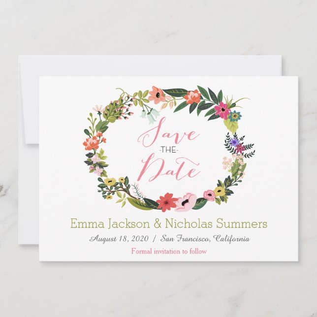 Floral Wreath Save the Date Card (Front)