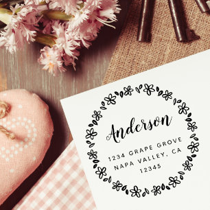 Floral Wreath Script Family Name Return Address Self-inking Stamp