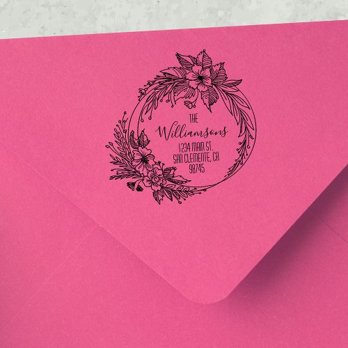 Floral Wreath Script Family Return Address Rubber Stamp