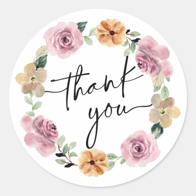 Floral Wreath Script Thank You Classic Round Sticker (Front)