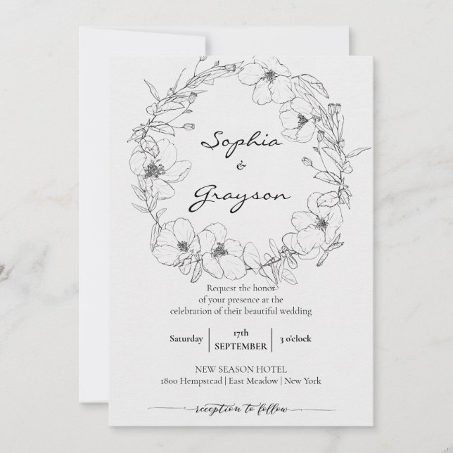 Floral Wreath | Sketch Peony Wedding Celebration Invitation (Front)
