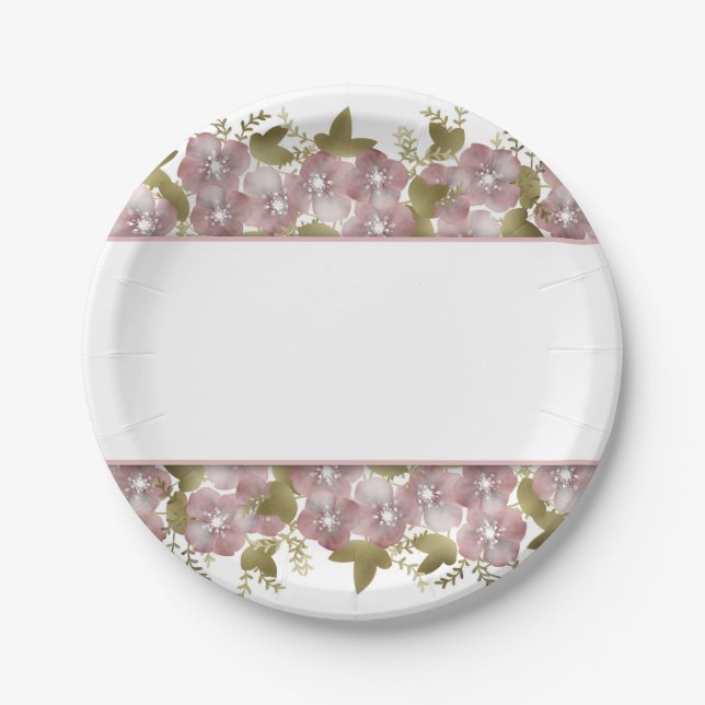 Floral wreath spring summer pink flowers green lea paper plates (Front)
