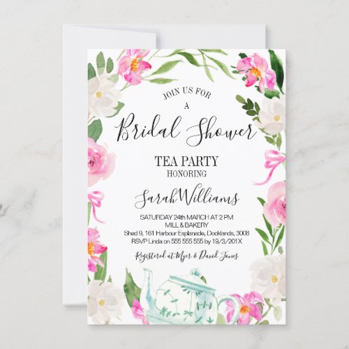 Floral wreath tea party bridal Shower Invitation