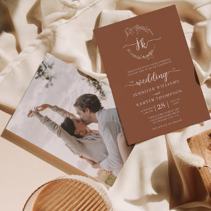 Floral Wreath Terracotta Monogram Photo Wedding Invitation