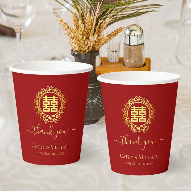 Floral wreath thank you red Chinese wedding Paper Cups (Creator Uploaded)