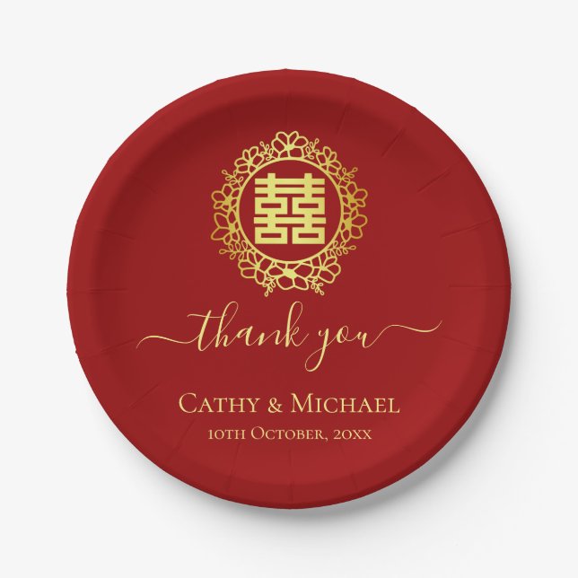 Floral wreath thank you red Chinese wedding Paper Plates (Front)