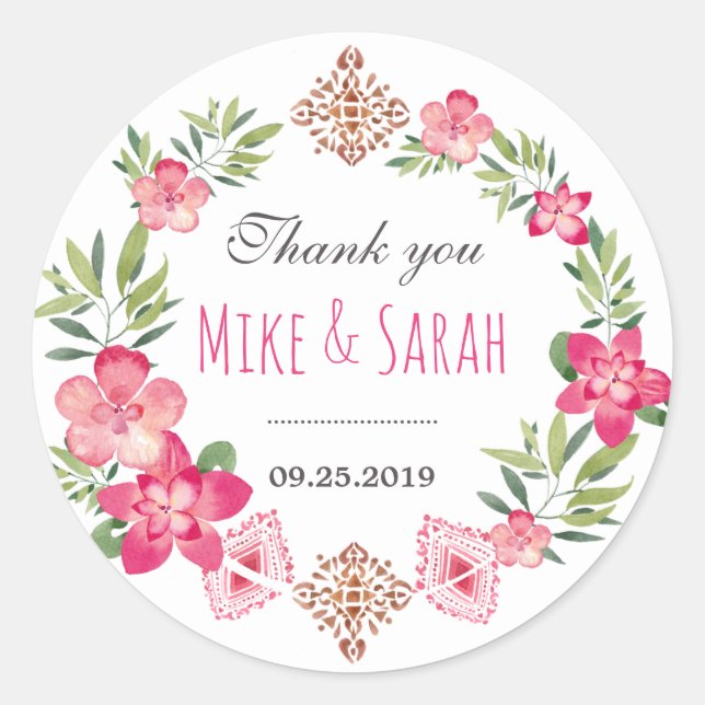 Floral Wreath Tribal Pattern Wedding Favor Sticker (Front)