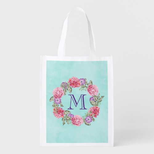 Floral Wreath Watercolor Flowers Custom Monogram Grocery Bag