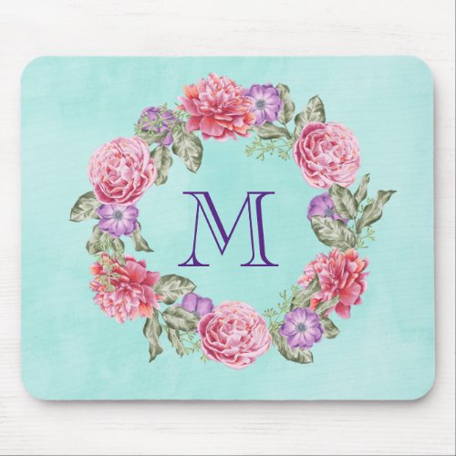 Floral Wreath Watercolor Flowers Custom Monogram Mouse Pad